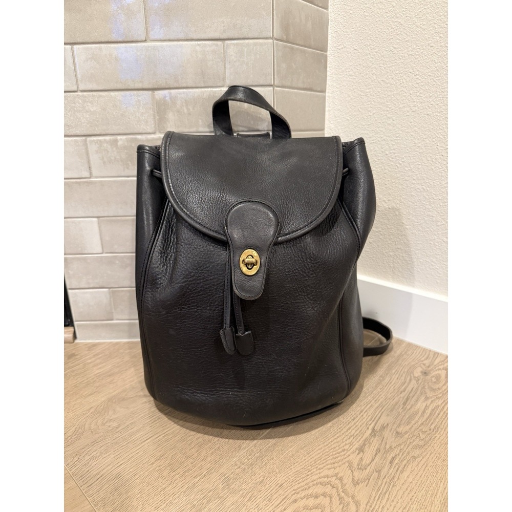 Vintage Coach USA Made Black‎ Leather Backpack 9943 1995 Drawstring Daypack Y2K